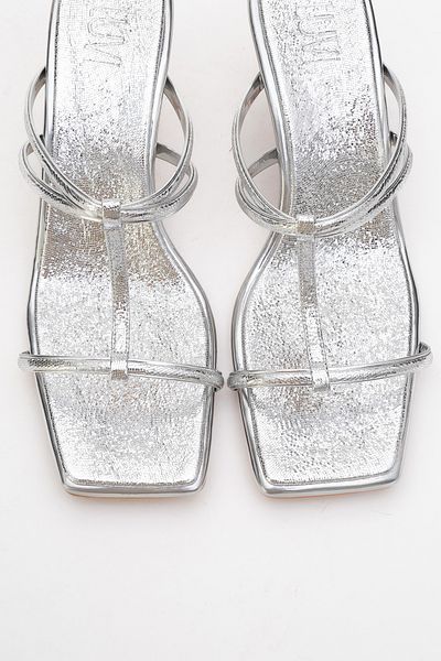 LuviShoes Mocha Silver Patterned Square Toe Thin Strap Women's Heeled Slippers