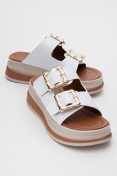 CCWAY AYAKKABI Women's Double Buckle Slippers White