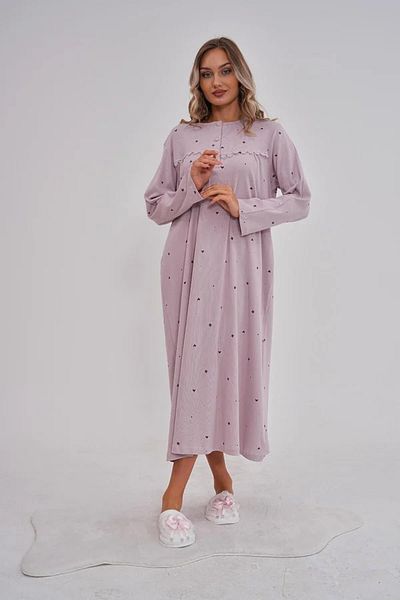 Mecit Pijama Cotton, Interlock, Heart & Star Printed, Long Sleeve, Button Collar, Plus Size Mother's Nightgown, Lilac