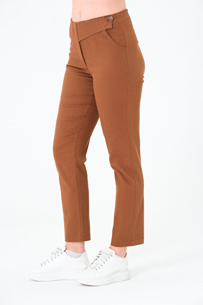 Sortie Collection Women's High Waist, Narrow Leg, Single Button Side Closure Gabardine Brown Trousers