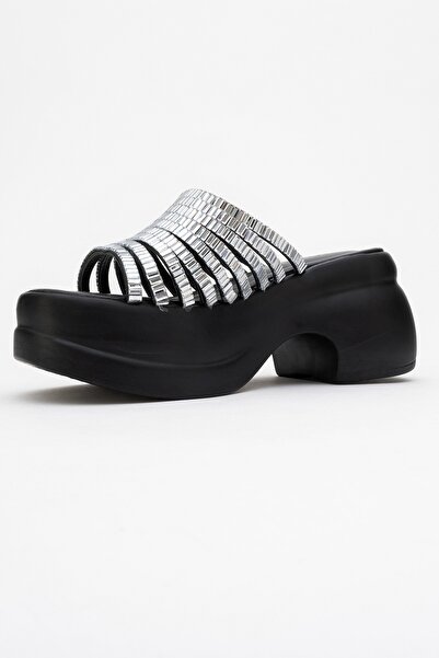 LuviShoes Fierro Black Silver Stone Wedge Sole Women's Slippers
