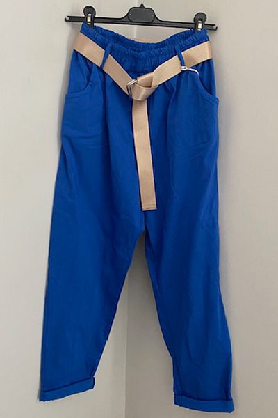 AYASOFYA OTANTIK Women's Italian Saks Elastic Waist Shiny Buckle Belted Plain Patterned Lycra Casual Carrot Leg Trousers