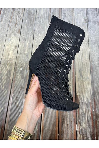 Afilli Black Women's Back Zipper Elastic Lace-Up Transparent Sexy Dance Thin Heeled Sandals Shoes