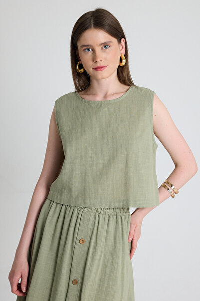 Rays Bluză crop fără mâneci din bumbac 100% cu aspect de in verde olive 3419-1