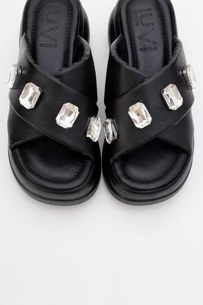 LuviShoes Giev Black Skin Stone Wedge Sole Women's Slippers