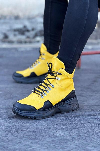 Celira Hs07 Yellow-Black Color Long Lace-Up Boots