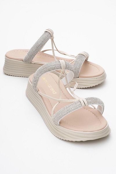 CCWAY AYAKKABI Women's Stone Flat Slippers Beige Beige
