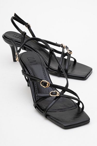 LuviShoes Chaka Black Buckle Square Toe Women's Heeled Sandals
