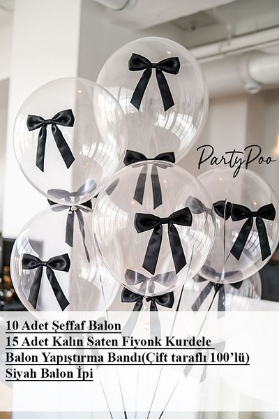 PartyPoo Black Bow Balloon Set 10 Pieces Transparent Balloon 15 Pieces Thick Black Bow Balloon with Ribbon