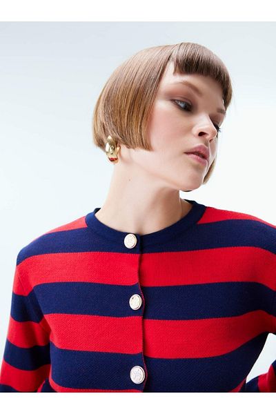 DAMGA Collection Red-Navy Blue Striped Knitwear Jacket