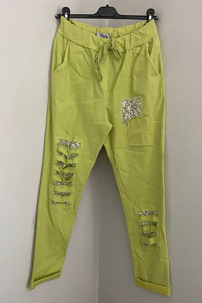 AYASOFYA OTANTIK Women's Italian Greenish Yellow Elastic Waist Laser Cut Sequin Patched Trousers