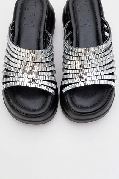 LuviShoes Fierro Black Silver Stone Wedge Sole Women's Slippers