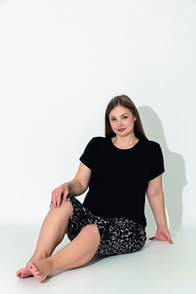 ModaLeaf Black Color Leopard Printed Short Sleeve Relaxed Fit Plus Size Capri Pajama Set