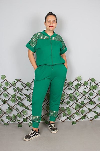 Truva XXL Stylish Green Tracksuit Set with Large Size Shoulder Detail