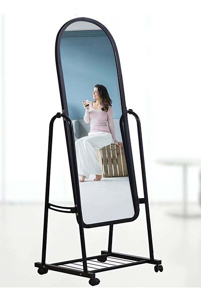 Taimi Floor Mirror with Adjustable Stand Wheels and Underneath Storage for Living Room Black 160x38cm