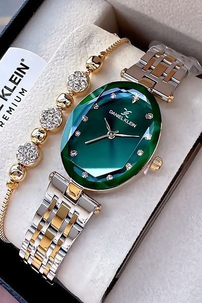 Daniel Klein Oval Case Cutout Glass Waterproof Women Wristwatch Green Color Steel Cord Gift Bracelet Dkby2034C9
