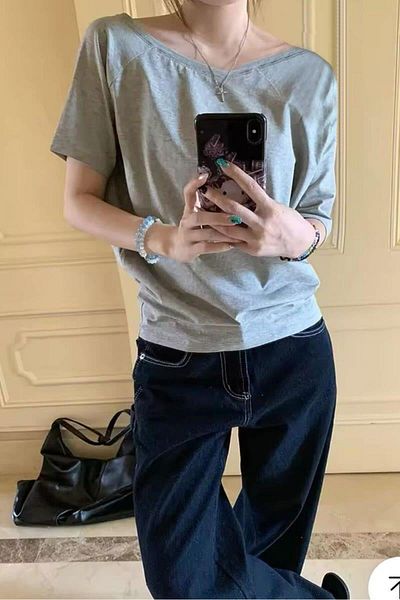 Karakedi Tricou cu mânecă scurtă cu umăr dezactivat Gri Melange Basic