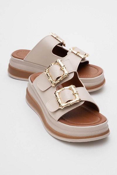 CCWAY AYAKKABI Woman's double buckle slippers beige