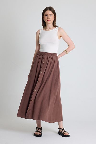 Rays Brown Linen Look 100% Cotton Buttoned Midi Skirt 3419