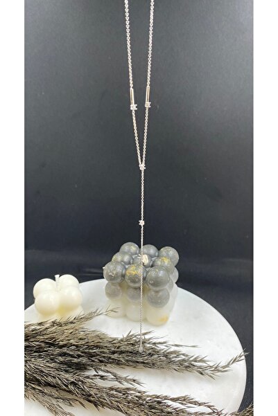 Byoz store Silver Long Minimal Stone Elegant Model Steel Y Necklace