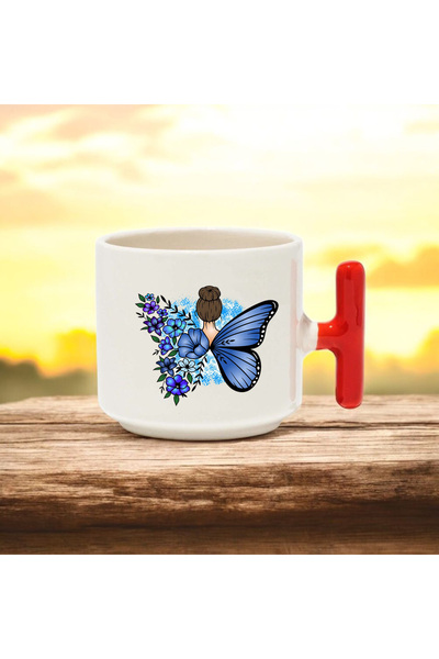 BB TRADE Blue Butterfly t Handled Ceramic Printed Mug 250 ml