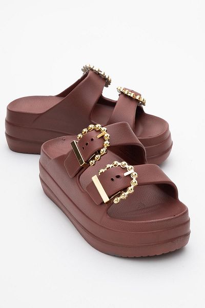 CCWAY AYAKKABI Women's Buckle Slippers Claret Red