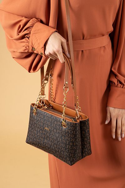 Just Polo Brown Tan Medium Size 4 Compartments Two Straps Women's Hand & Shoulder Bag and Wallet Combination 24X20Cm Pbu20102