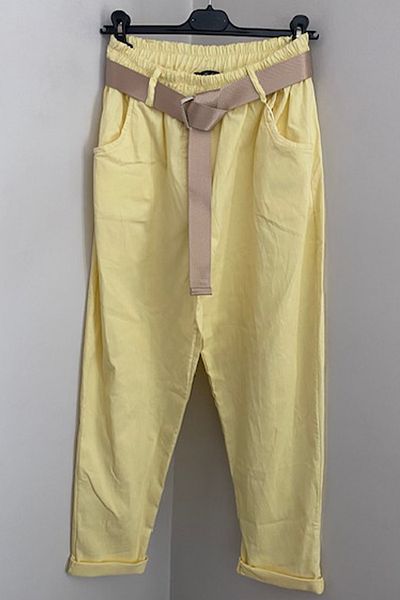 AYASOFYA OTANTIK Women's Italian Yellow Elastic Waist Shiny Buckle Belt Plain Patterned Lycra Loose Carrot Leg Trousers