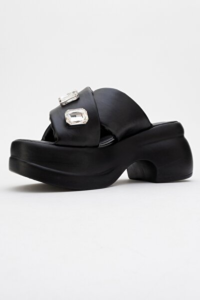 LuviShoes Giev Black Skin Stone Wedge Sole Women's Slippers