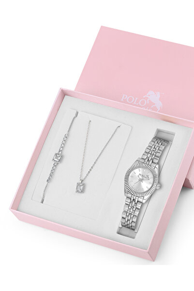 Polo Air Zarif Kadın Kol Saati Zirkon Taşlı Kare Kolye Bileklik Kombin Gümüş Renk ST-2163S2