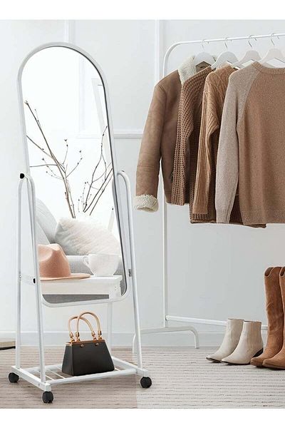 Taimi Floor Mirror with Adjustable Stand Wheels and Bottom Storage for Bedroom Living Room White 160x38cm