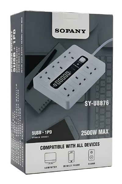 SOPANY Smart Multi-Outlet Power Strip – 5M Extension Cord, USB Ports, Overload Protection