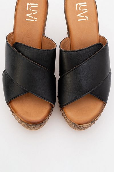 LuviShoes Lois Black Skin Genuine Leather Women's Wedge Heeled Slippers