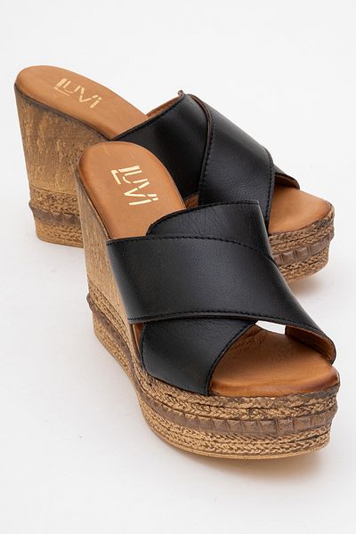 LuviShoes Lois Black Skin Genuine Leather Women's Wedge Heeled Slippers