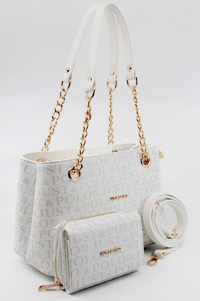 Just Polo White Medium Size 4 Compartments Two Straps Women's Hand & Shoulder Bag and Wallet Combination 24X20Cm Pbu20102