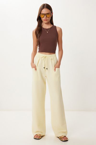 Lovelyİstanbul Wide Leg Linen Trousers with Pockets Yellow Lbv0062