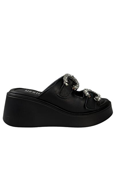 AREGA Rouge Stone Buckle High Sole Leather Black Women's Slippers