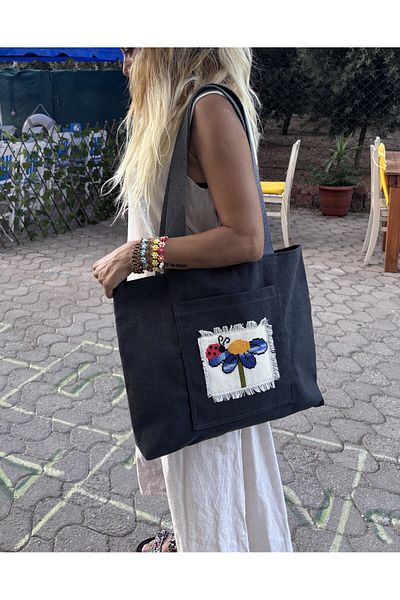Handream Ladybug Etamine Detailed Dark Gray Shoulder Bag with Front Pocket Detailed Dark Gray Shoulder Bag
