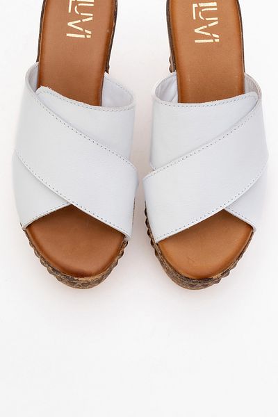 LuviShoes Lois White Skin Genuine Leather Women's Wedge Heeled Slippers