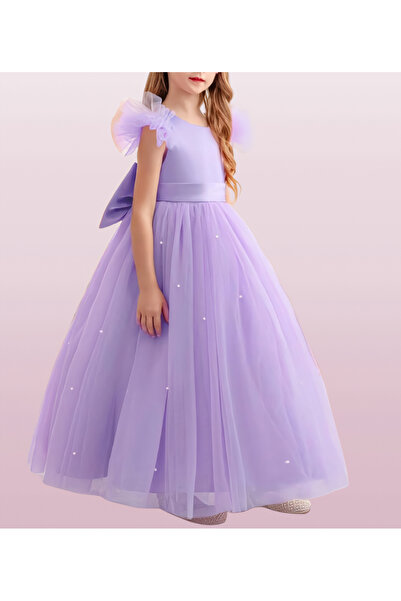 MadyaButik Rochie lungă cu mâneci cu volane/lilac pentru fete