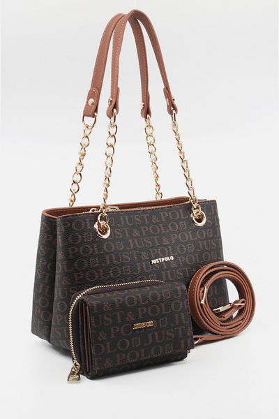 Just Polo Brown Tan Medium Size 4 Compartments Two Straps Women's Hand & Shoulder Bag and Wallet Combination 24X20Cm Pbu20102
