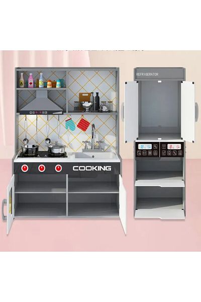 LITTLE ANGEL Kids Wooden Kitchen Set – Sleek Grey Pretend Cooking Playset With Accessories