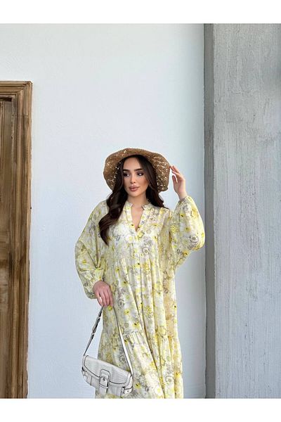 PREMİER VİE Κίτρινο καλοκαιρινό φόρεμα βισκόζης Hijab New Season