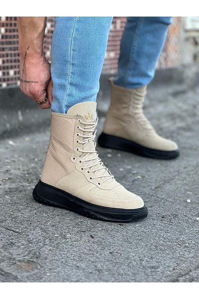 Celira Hs012 Beige Charcoal Suede Long Lace up Boots