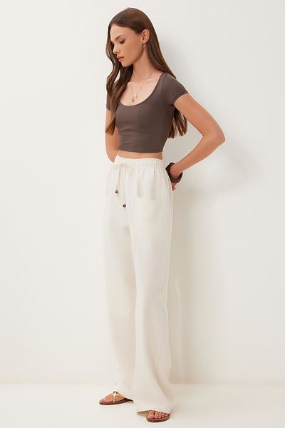 Lovelyİstanbul Wide Leg Linen Trousers with Pockets Cream Lbv0062