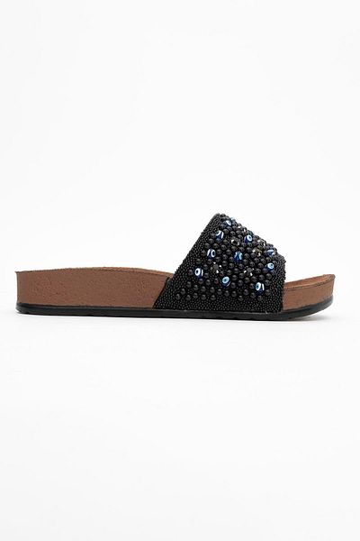 CCWAY AYAKKABI Women's Beaded Flat Slippers Black