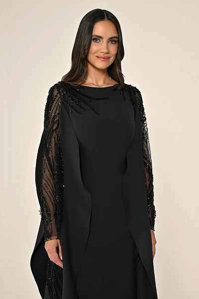 ALFABETA Women's Scoop Neckline Long Length Sleeves with Stones See-Through Detail Black Evening Dress & Homecoming Dress Ab7114