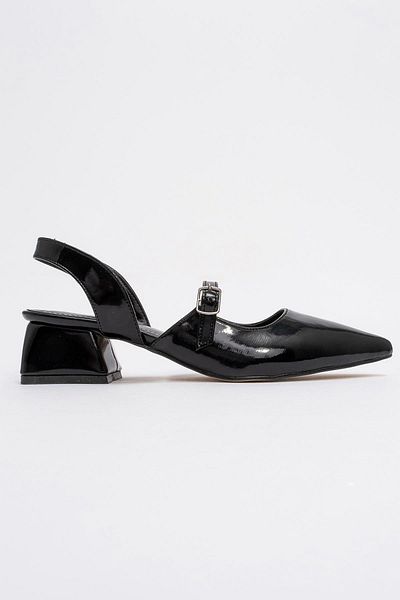 CCWAY AYAKKABI Women's Open Back Strap Buckle Sandals Black Patent Leather