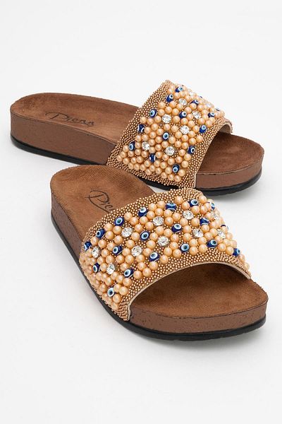 CCWAY AYAKKABI Women's Beaded Flat Slippers Bronze