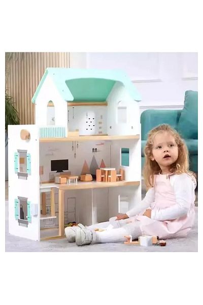 LITTLE ANGEL Kids Wooden Doll House Set – 2-storey Colorful Pretend Play Home With Furniture